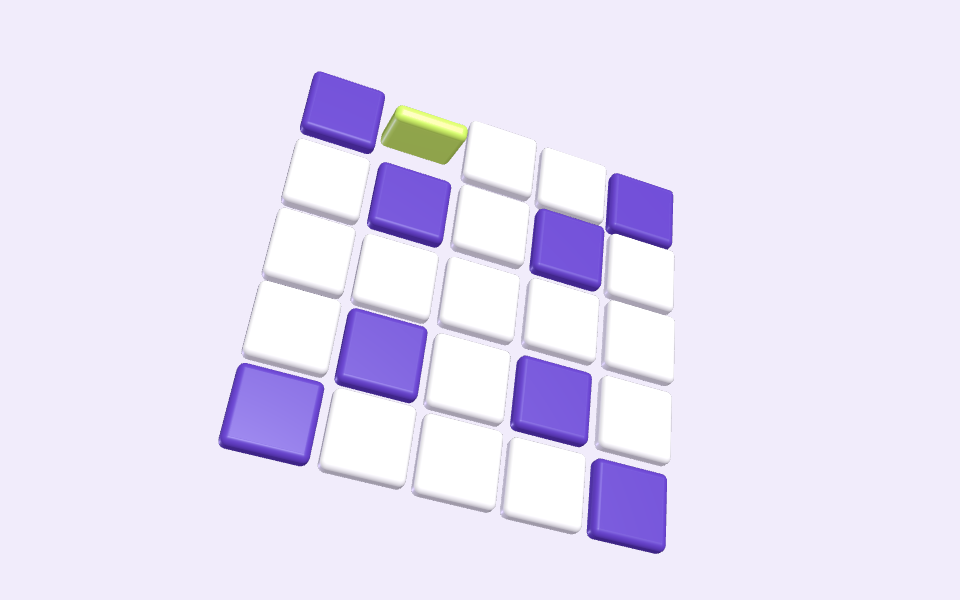 A five by five crossword grid in purple and white